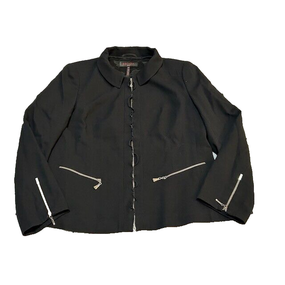 Escada Womens Jacket 100% Wool Full Zip Long Sleeve Zippered Cuffs Black Size 40